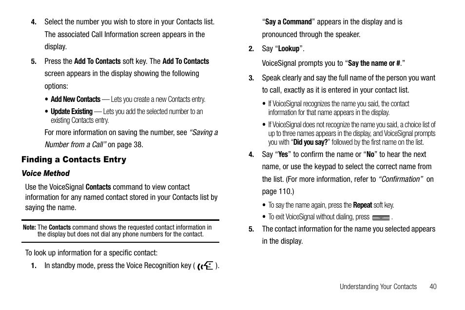 Finding a contacts entry, Voice method | Samsung Delve SCH-R800 User Manual | Page 43 / 180