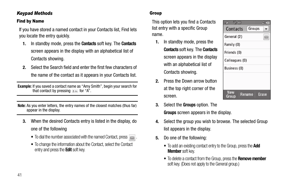 Keypad methods, Find by name, Group | Ts. (for more, Information, refer to “group | Samsung Delve SCH-R800 User Manual | Page 44 / 180