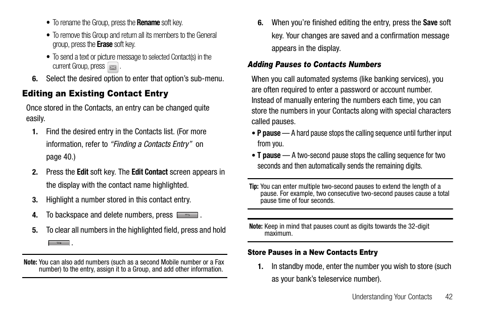 Editing an existing contact entry, Adding pauses to contacts numbers, Store pauses in a new contacts entry | Samsung Delve SCH-R800 User Manual | Page 45 / 180