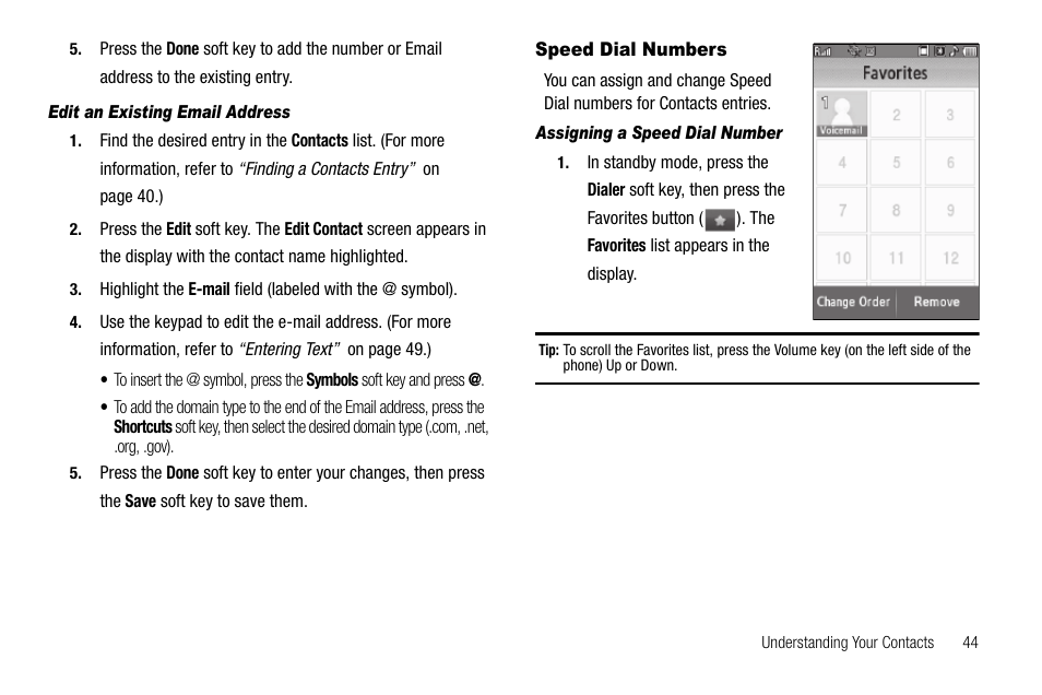 Edit an existing email address, Speed dial numbers, Assigning a speed dial number | Samsung Delve SCH-R800 User Manual | Page 47 / 180