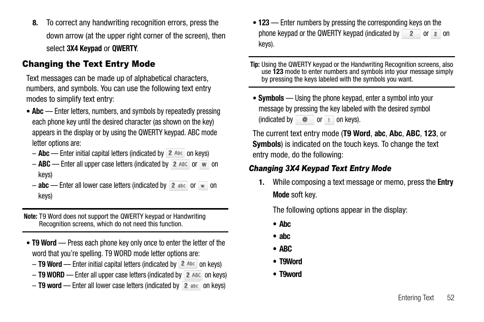 Changing the text entry mode, Changing 3x4 keypad text entry mode | Samsung Delve SCH-R800 User Manual | Page 55 / 180
