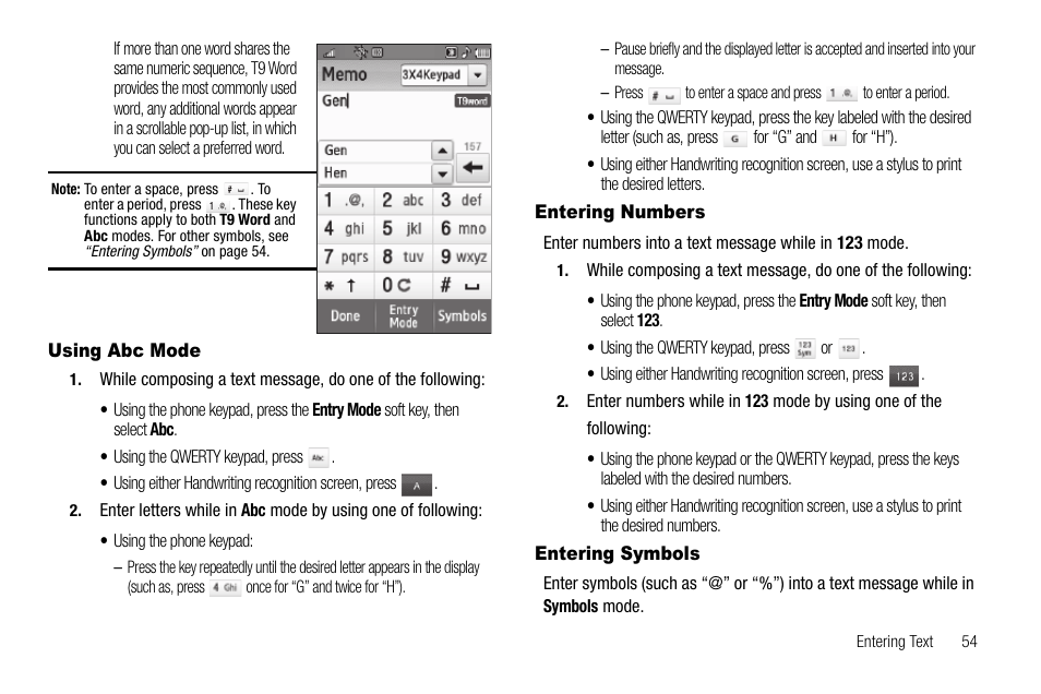 Using abc mode, Entering numbers, Entering symbols | Using abc mode entering numbers entering symbols | Samsung Delve SCH-R800 User Manual | Page 57 / 180