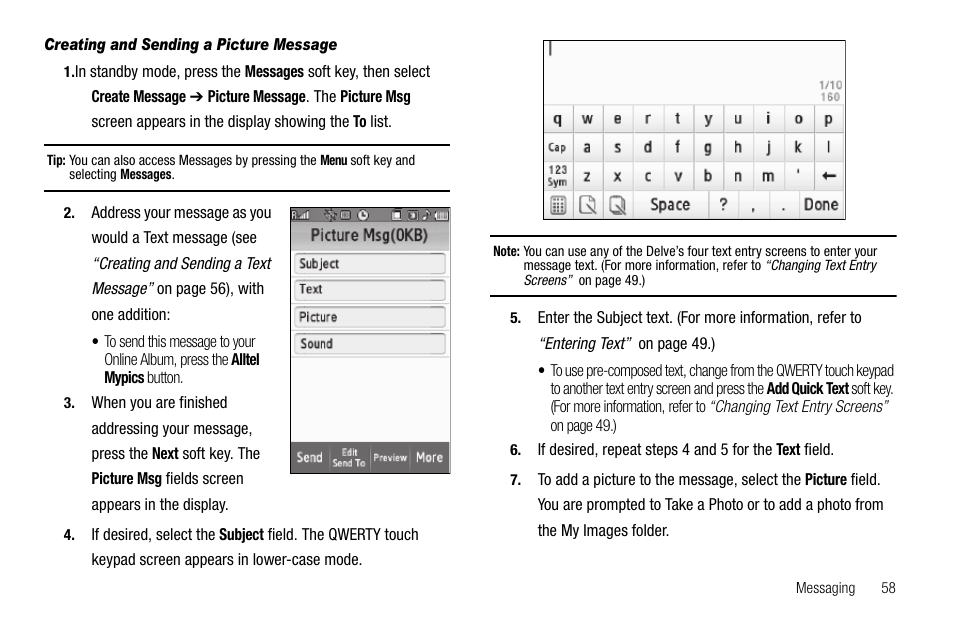 Creating and sending a picture message | Samsung Delve SCH-R800 User Manual | Page 61 / 180