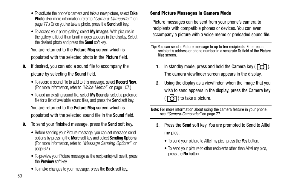 Send picture messages in camera mode | Samsung Delve SCH-R800 User Manual | Page 62 / 180
