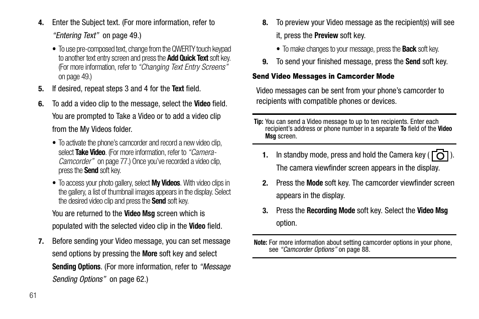 Send video messages in camcorder mode | Samsung Delve SCH-R800 User Manual | Page 64 / 180