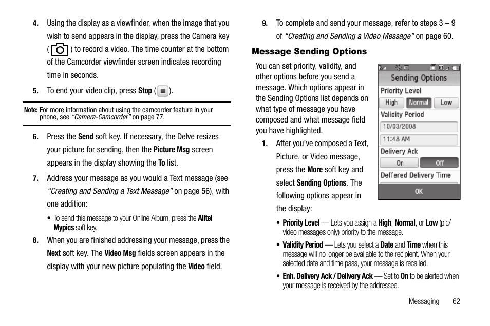 Message sending options, For more information, refer to “message | Samsung Delve SCH-R800 User Manual | Page 65 / 180