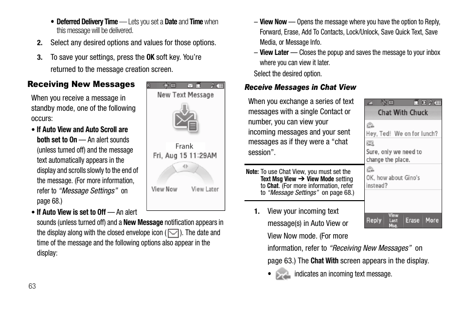 Receiving new messages, Receive messages in chat view | Samsung Delve SCH-R800 User Manual | Page 66 / 180