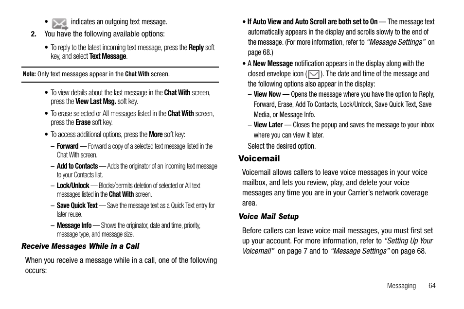 Receive messages while in a call, Voicemail, Voice mail setup | Samsung Delve SCH-R800 User Manual | Page 67 / 180