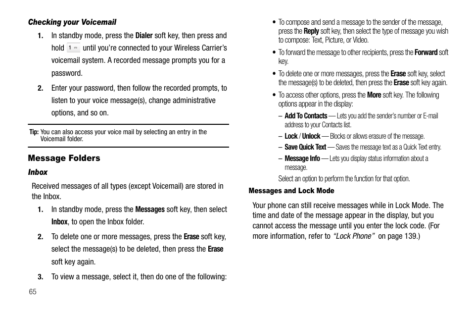 Checking your voicemail, Message folders, Inbox | Messages and lock mode | Samsung Delve SCH-R800 User Manual | Page 68 / 180