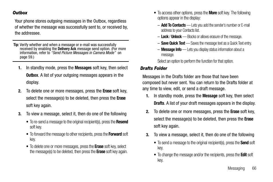 Outbox, Drafts folder | Samsung Delve SCH-R800 User Manual | Page 69 / 180