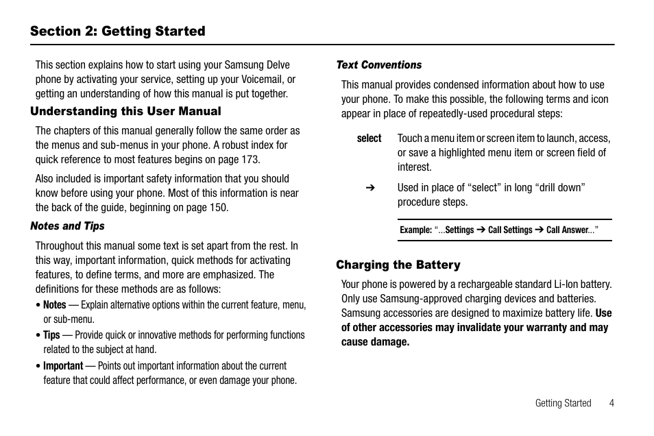 Section 2: getting started, Understanding this user manual, Notes and tips | Text conventions, Charging the battery, Section 1: getting started | Samsung Delve SCH-R800 User Manual | Page 7 / 180