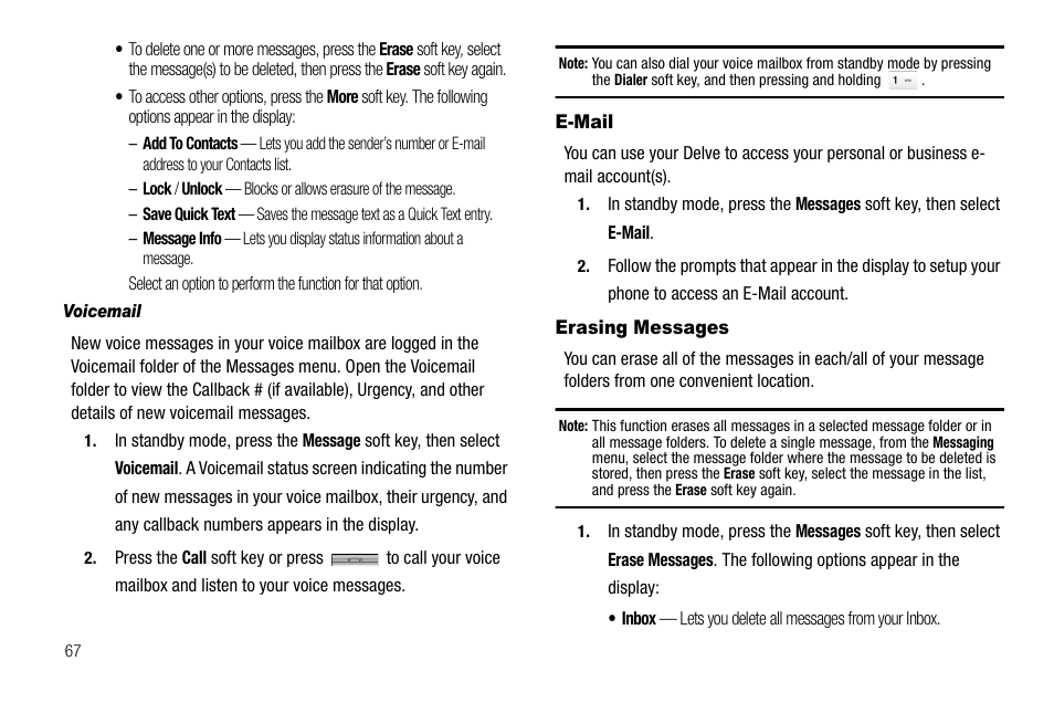 Voicemail, E-mail, Erasing messages | E-mail erasing messages | Samsung Delve SCH-R800 User Manual | Page 70 / 180