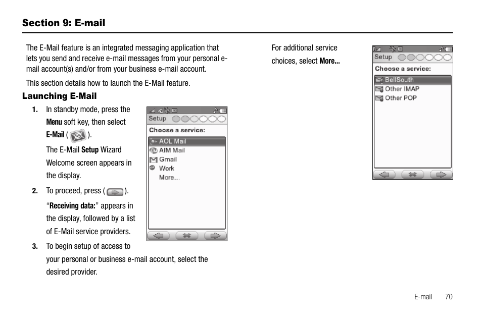 Section 9: e-mail, Launching e-mail, Section 8: e-mail | Samsung Delve SCH-R800 User Manual | Page 73 / 180