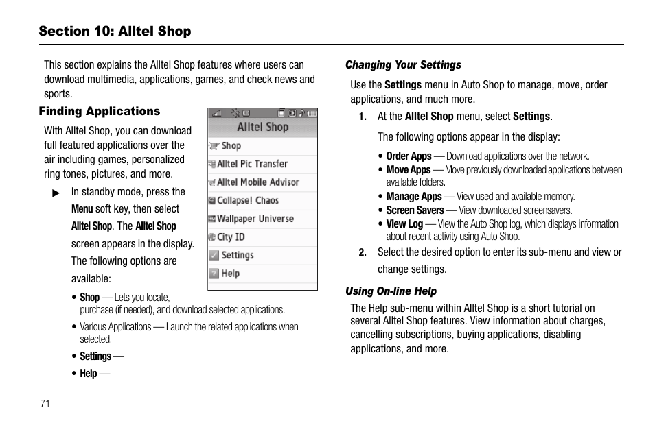 Section 10: alltel shop, Finding applications, Changing your settings | Using on-line help, Section 9: alltel shop | Samsung Delve SCH-R800 User Manual | Page 74 / 180