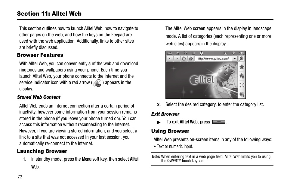 Section 11: alltel web, Browser features, Stored web content | Launching browser, Exit browser, Using browser, Section 10: alltel web, Browser features launching browser using browser | Samsung Delve SCH-R800 User Manual | Page 76 / 180