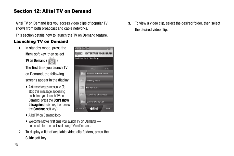 Section 12: alltel tv on demand, Launching tv on demand, Section 11: alltel tv on demand | Samsung Delve SCH-R800 User Manual | Page 78 / 180