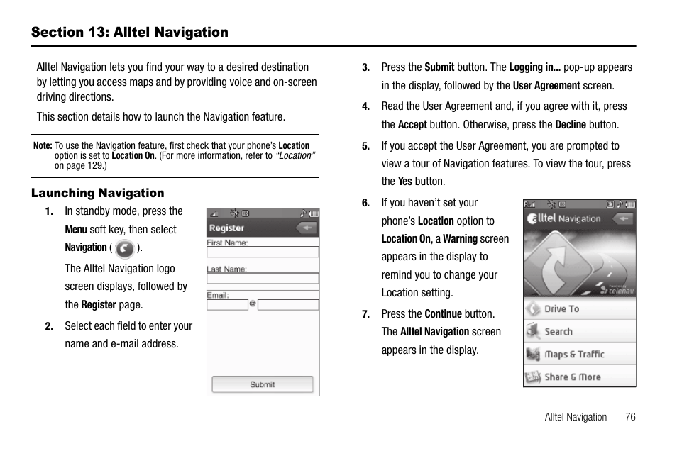 Section 13: alltel navigation, Launching navigation, Section 12: alltel navigation | Samsung Delve SCH-R800 User Manual | Page 79 / 180
