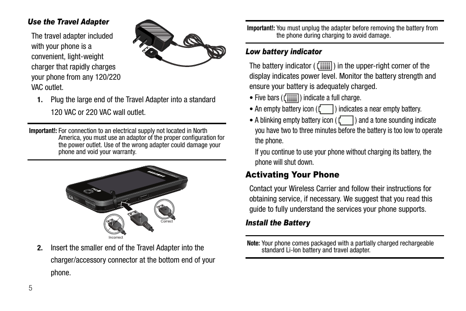 Use the travel adapter, Low battery indicator, Activating your phone | Install the battery | Samsung Delve SCH-R800 User Manual | Page 8 / 180