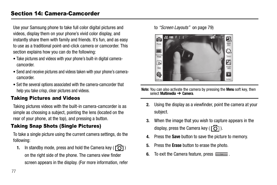 Section 14: camera-camcorder, Taking pictures and videos, Taking snap shots (single pictures) | Section 13: camera-camcorder | Samsung Delve SCH-R800 User Manual | Page 80 / 180