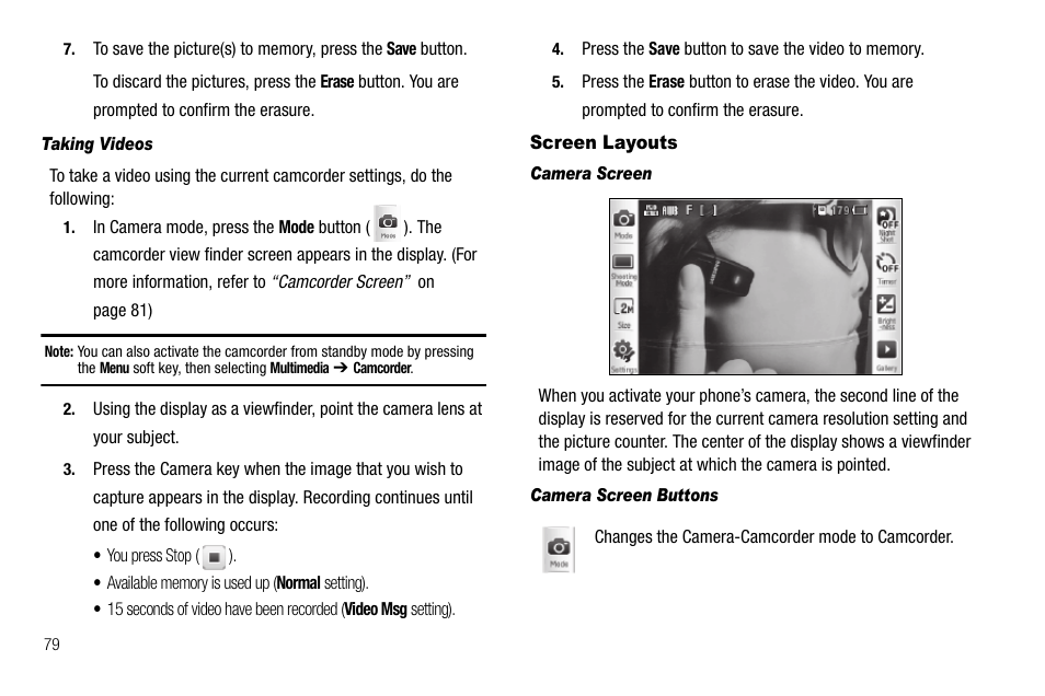 Taking videos, Screen layouts, Camera screen | Camera screen buttons | Samsung Delve SCH-R800 User Manual | Page 82 / 180