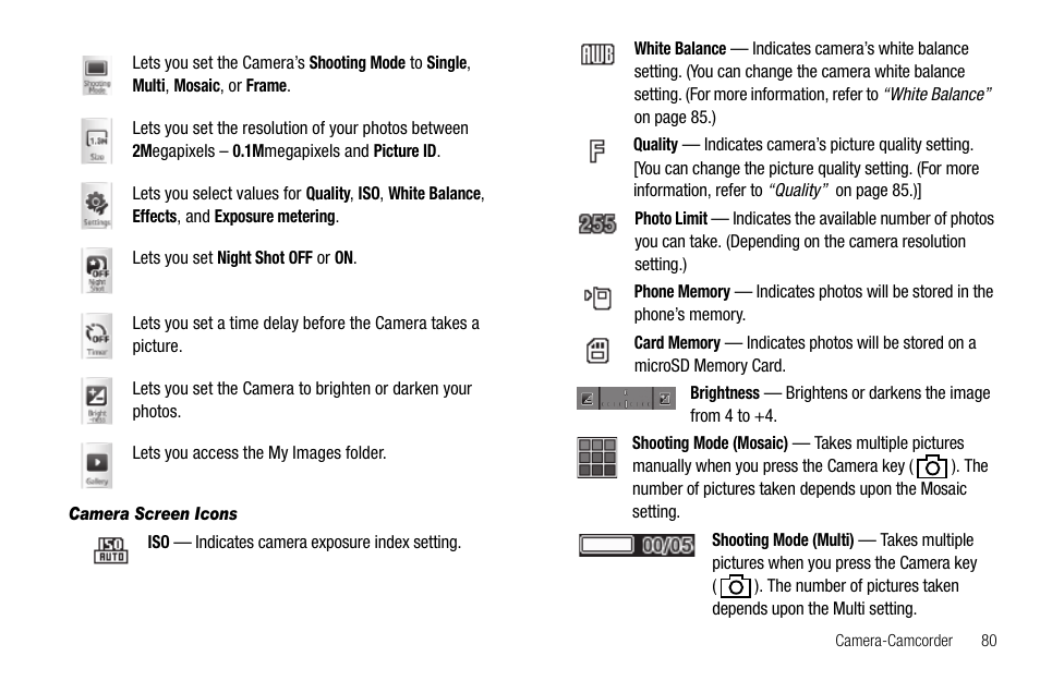 Camera screen icons | Samsung Delve SCH-R800 User Manual | Page 83 / 180