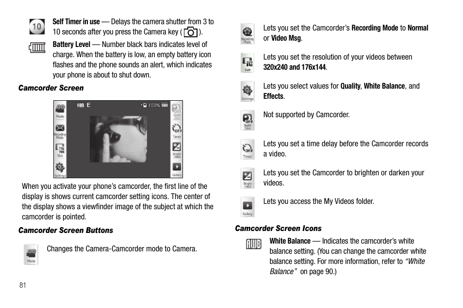 Camcorder screen, Camcorder screen buttons, Camcorder screen icons | Samsung Delve SCH-R800 User Manual | Page 84 / 180