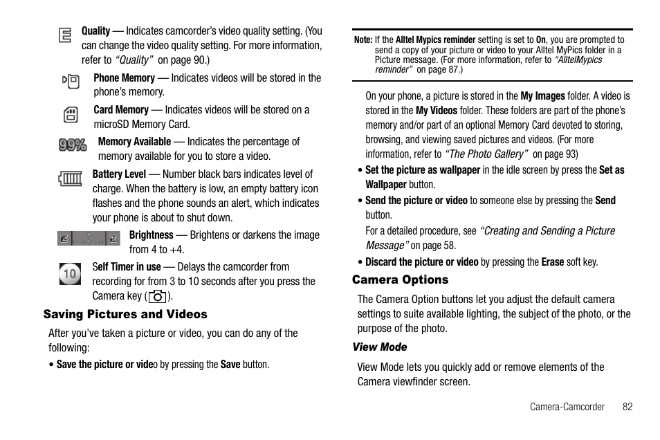 Saving pictures and videos, Camera options, View mode | Saving pictures and videos camera options | Samsung Delve SCH-R800 User Manual | Page 85 / 180