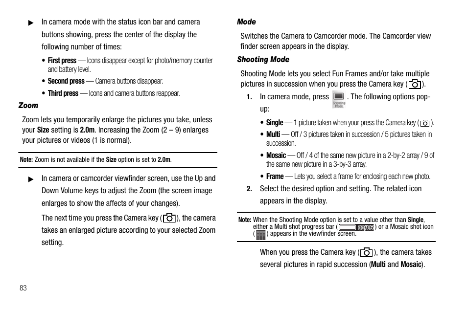 Zoom, Mode, Shooting mode | Samsung Delve SCH-R800 User Manual | Page 86 / 180