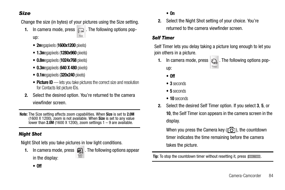 Size, Night shot, Self timer | Samsung Delve SCH-R800 User Manual | Page 87 / 180