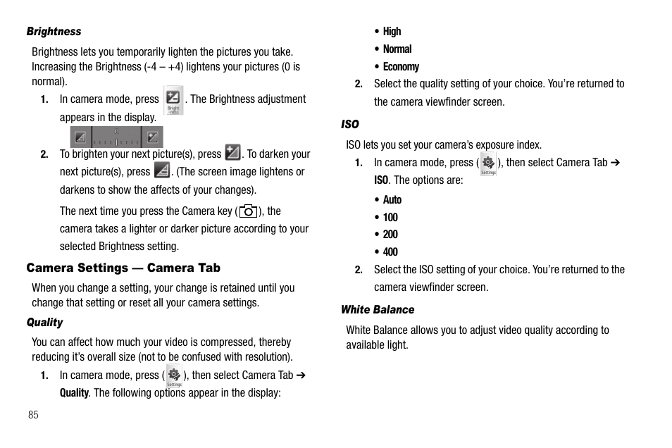 Brightness, Camera settings — camera tab, Quality | White balance | Samsung Delve SCH-R800 User Manual | Page 88 / 180
