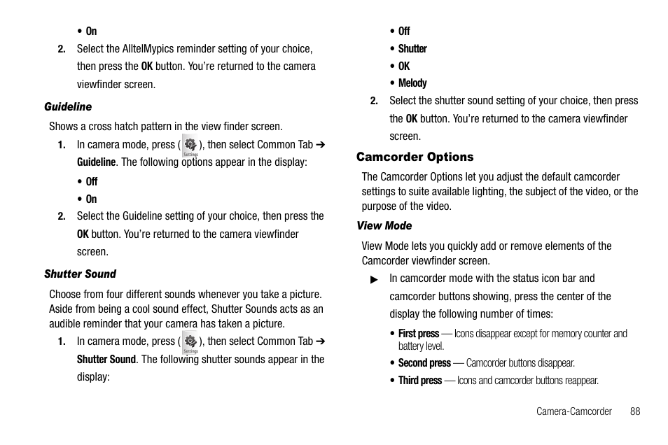 Guideline, Shutter sound, Camcorder options | View mode | Samsung Delve SCH-R800 User Manual | Page 91 / 180
