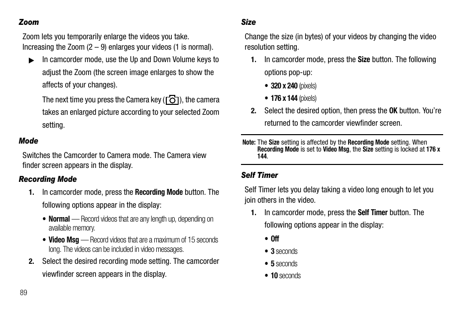 Zoom, Mode, Recording mode | Size, Self timer | Samsung Delve SCH-R800 User Manual | Page 92 / 180