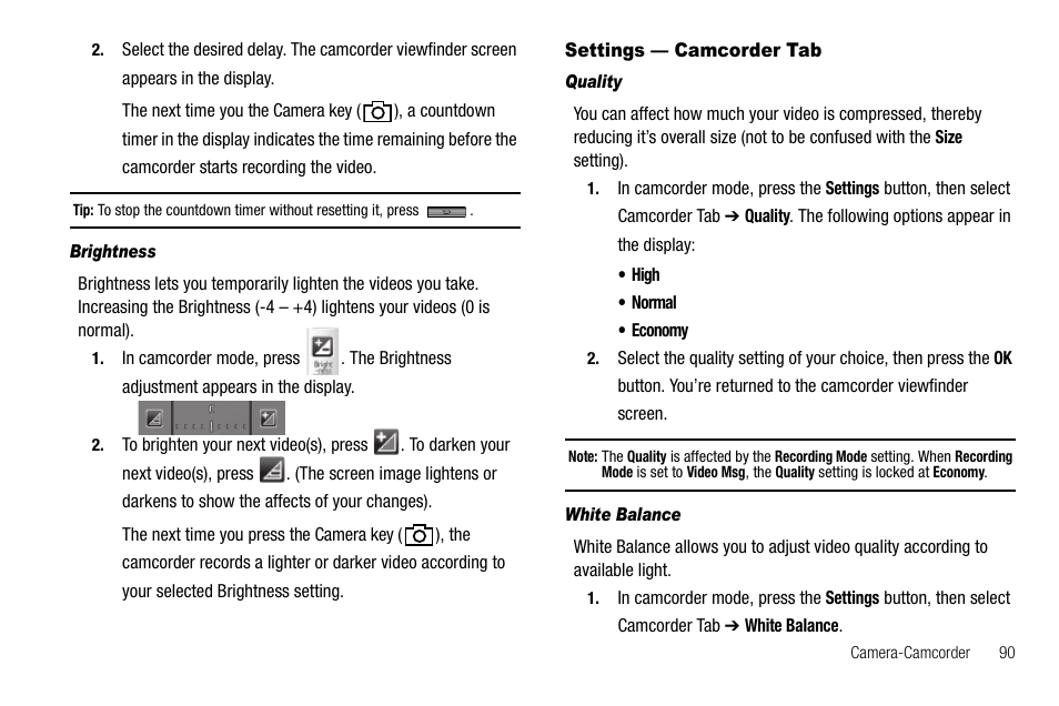 Brightness, Settings — camcorder tab, Quality | White balance | Samsung Delve SCH-R800 User Manual | Page 93 / 180