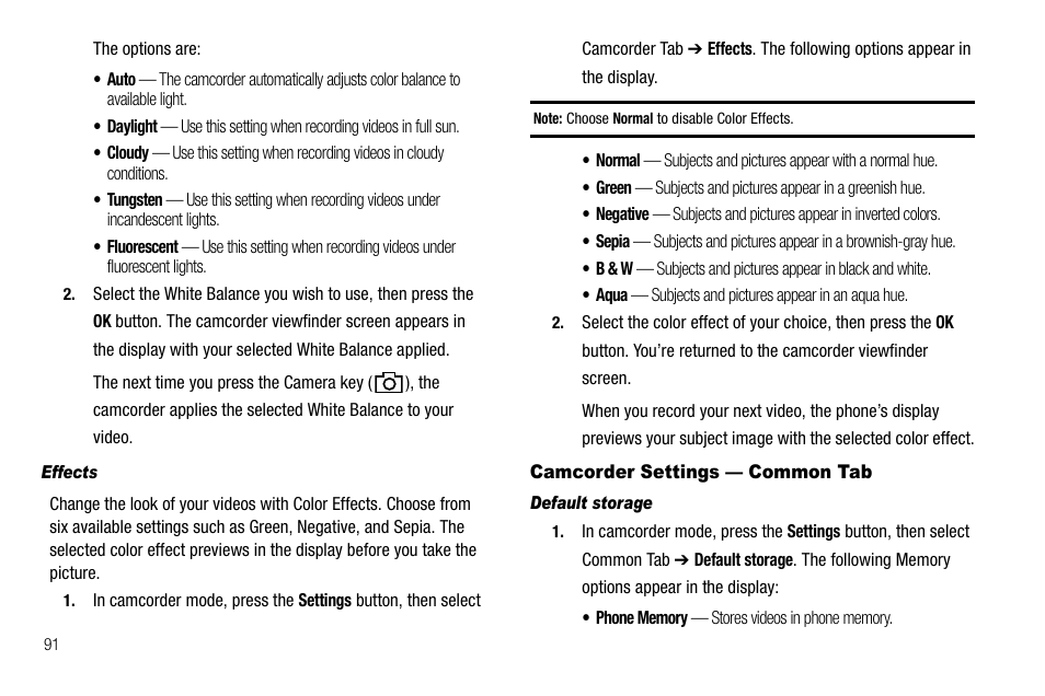 Effects, Camcorder settings — common tab, Default storage | Samsung Delve SCH-R800 User Manual | Page 94 / 180
