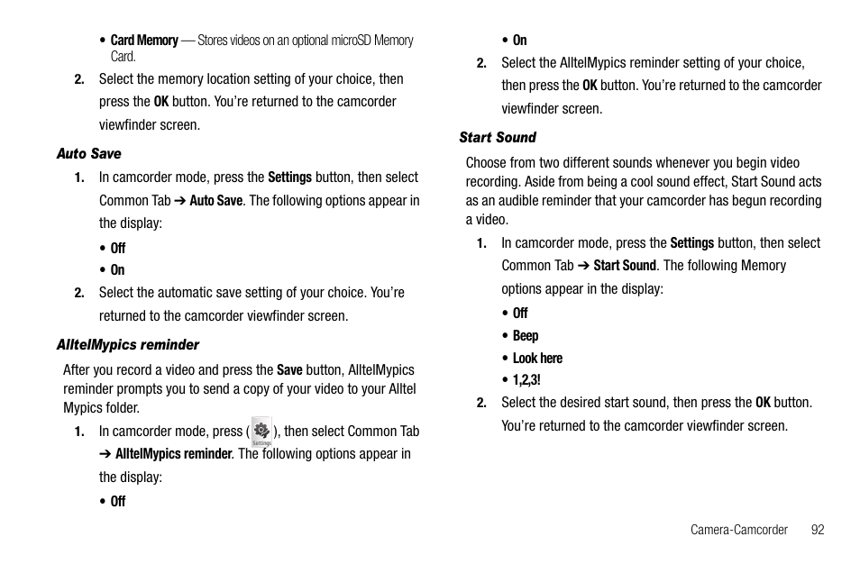 Auto save, Alltelmypics reminder, Start sound | Samsung Delve SCH-R800 User Manual | Page 95 / 180