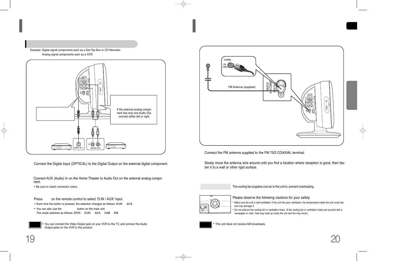 Connecting external components, Connecting the fm antenna | Samsung HT-Q100W User Manual | Page 11 / 35