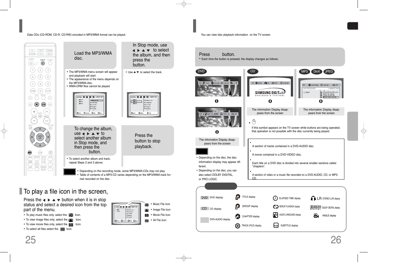 Mp3/wma-cd playback, Displaying disc information | Samsung HT-Q100W User Manual | Page 14 / 35