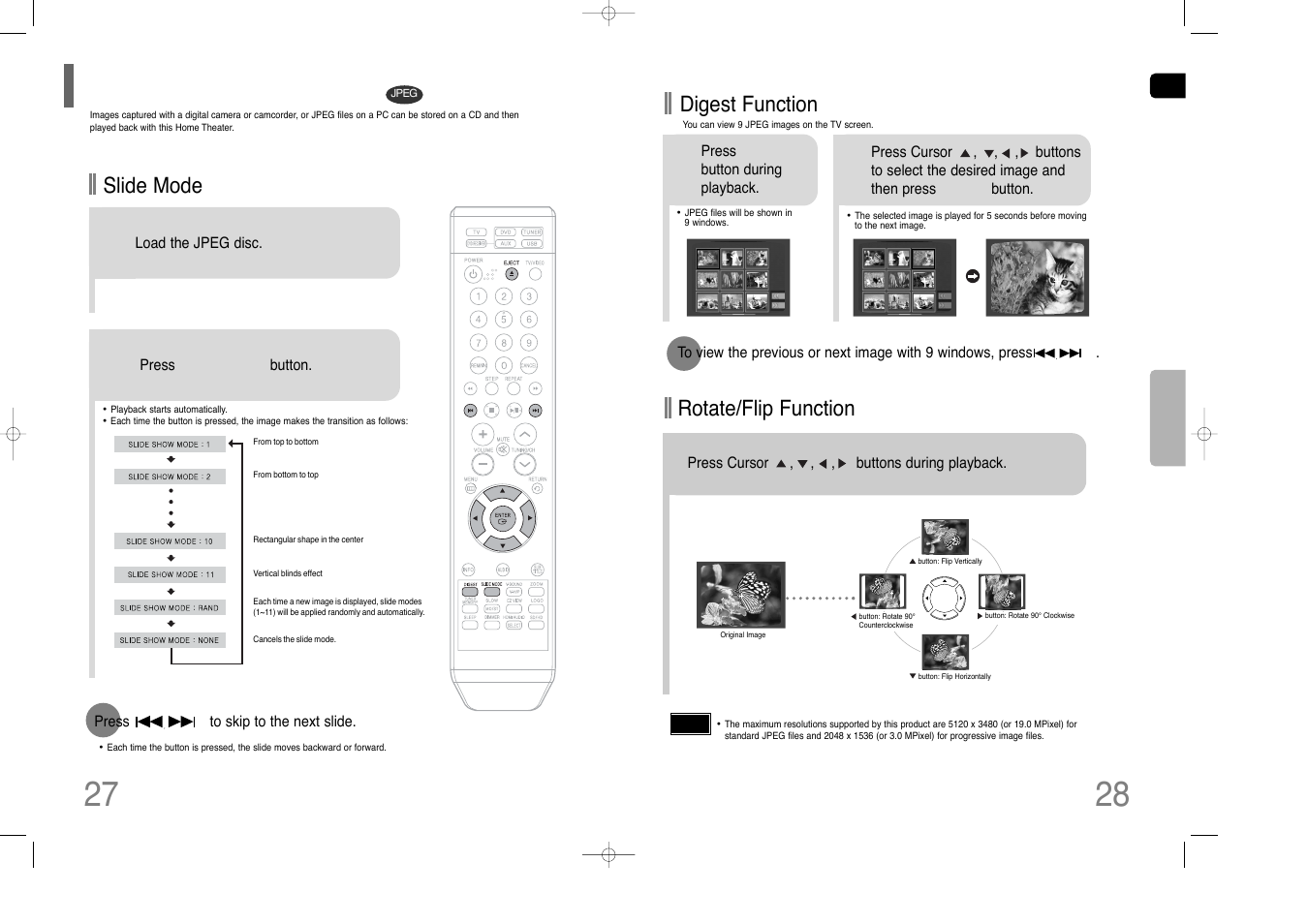 Jpeg file playback, Rotate/flip function, Digest function | Slide mode | Samsung HT-Q100W User Manual | Page 15 / 35