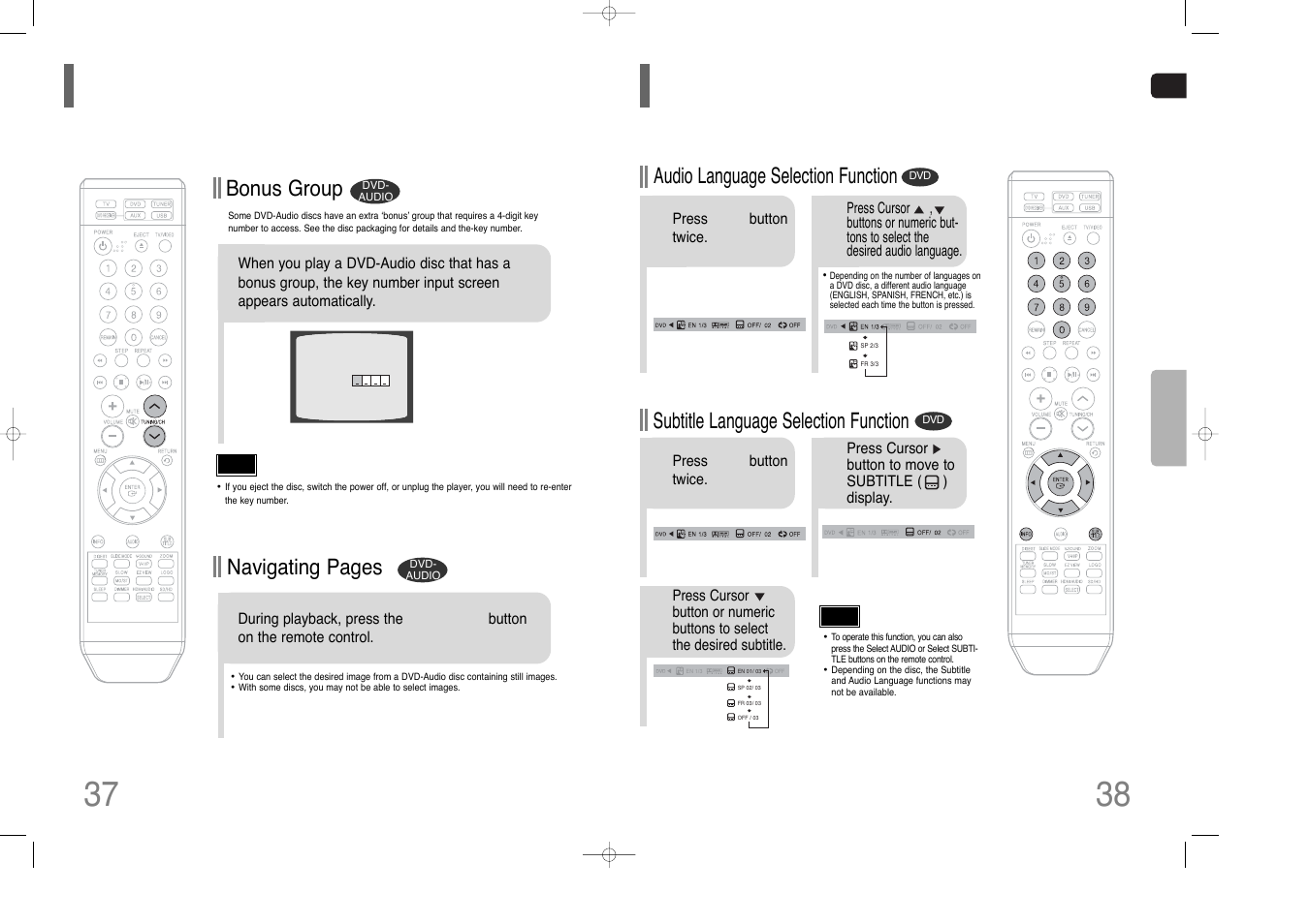 Selecting audio/subtitle language, Bonus group / navigating pages 38 37, Bonus group | Navigating pages, Audio language selection function, Subtitle language selection function | Samsung HT-Q100W User Manual | Page 20 / 35