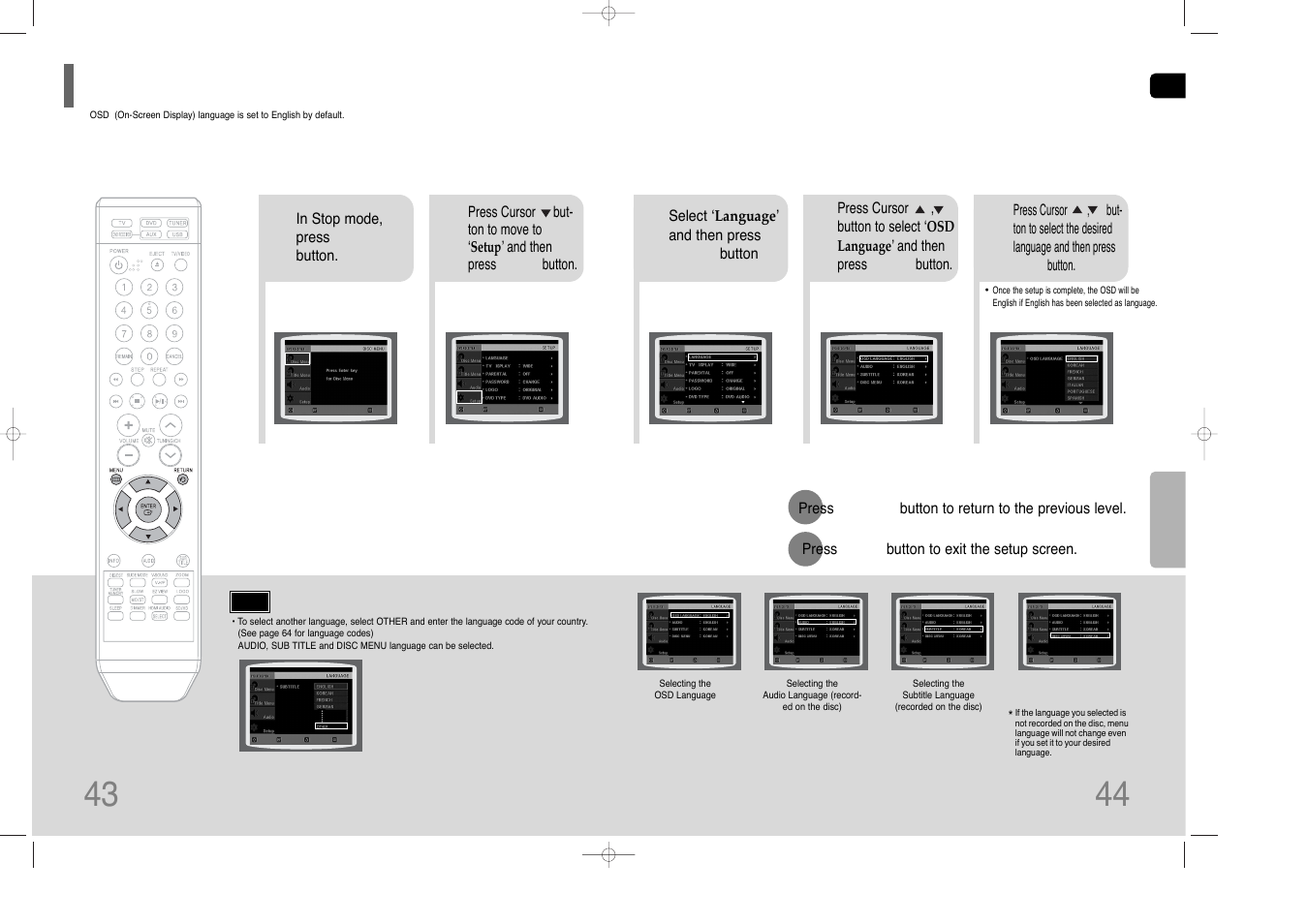 Setting the language, Setting the language 43 | Samsung HT-Q100W User Manual | Page 23 / 35