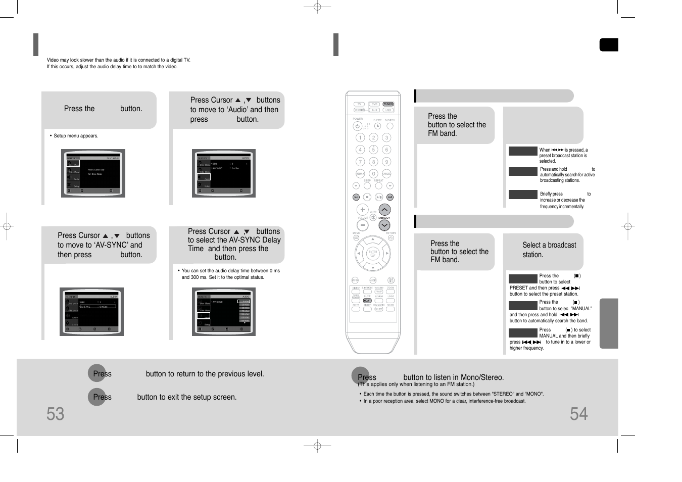 Av sync setup, Listening to radio | Samsung HT-Q100W User Manual | Page 28 / 35