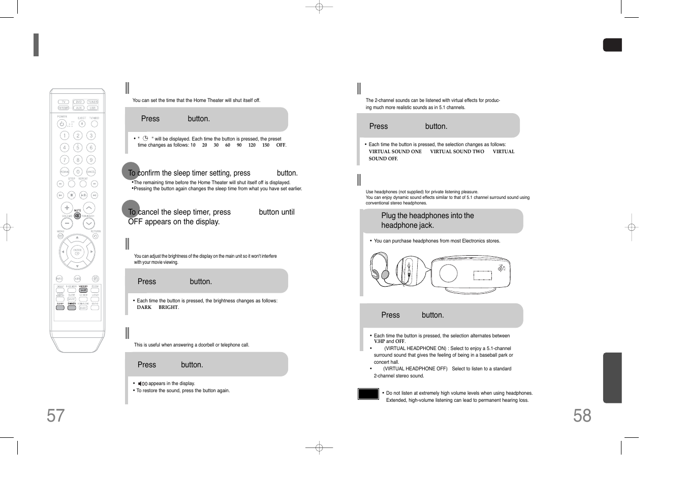 Convenient functions, 57 convenient functions, V-sound(virtual sound) | Virtual headphone function, Adjusting display brightness, Sleep timer function, Mute function | Samsung HT-Q100W User Manual | Page 30 / 35