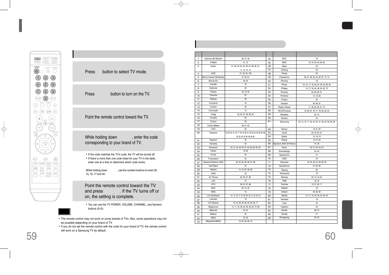 Operating a tv with the remote control, When operating a tv with the remote control, Press tv button to select tv mode | Press power button to turn on the tv, Point the remote control toward the tv, Tv brand code list, Miscellaneous | Samsung HT-Q100W User Manual | Page 31 / 35