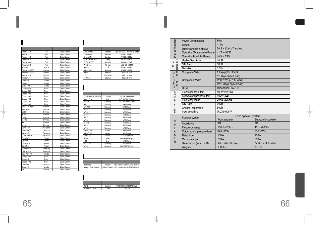 Usb host feature supported products, Specifications, 65 usb host feature supported products | Miscellaneous | Samsung HT-Q100W User Manual | Page 34 / 35