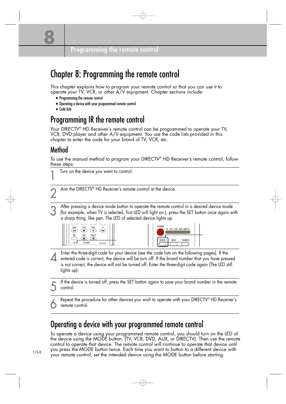 Chapter 8: programming the remote control, Programming ir the remote control | Samsung SIR-TS360 User Manual | Page 104 / 116
