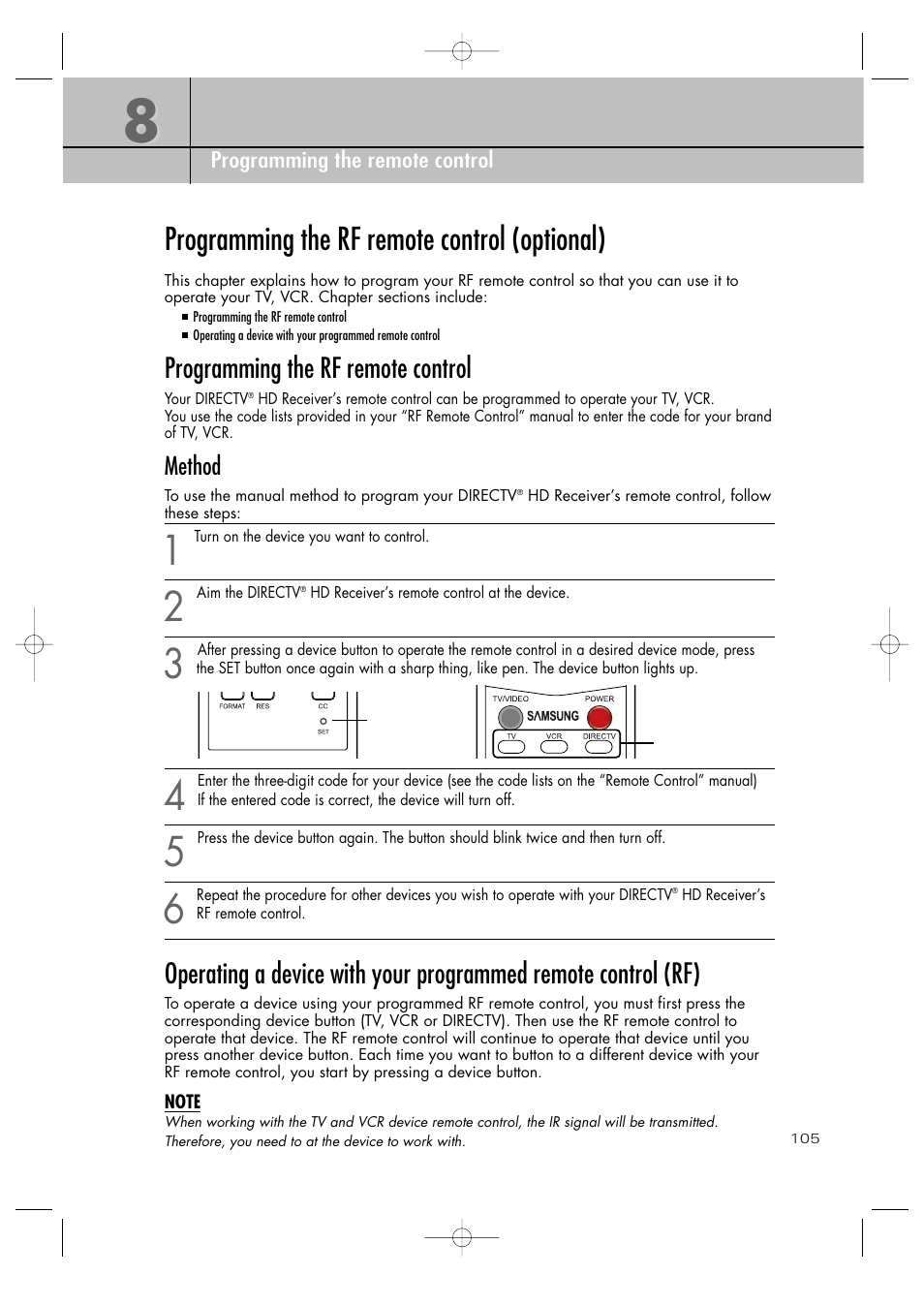 Programming the rf remote control (optional), Programming the rf remote control | Samsung SIR-TS360 User Manual | Page 105 / 116