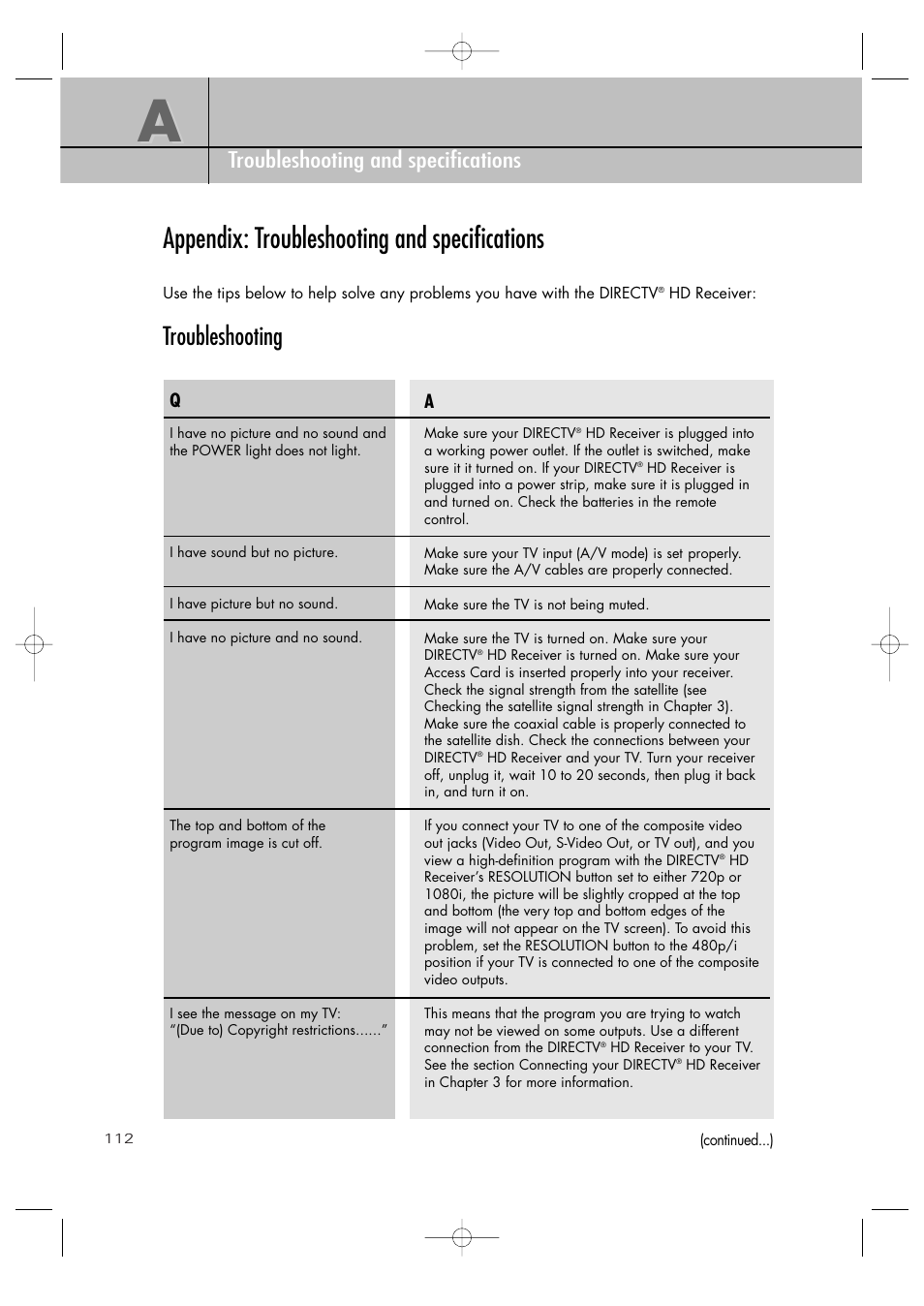 Appendix: troubleshooting and specifications, Troubleshooting, Appendix troubleshooting and specifications | Samsung SIR-TS360 User Manual | Page 112 / 116