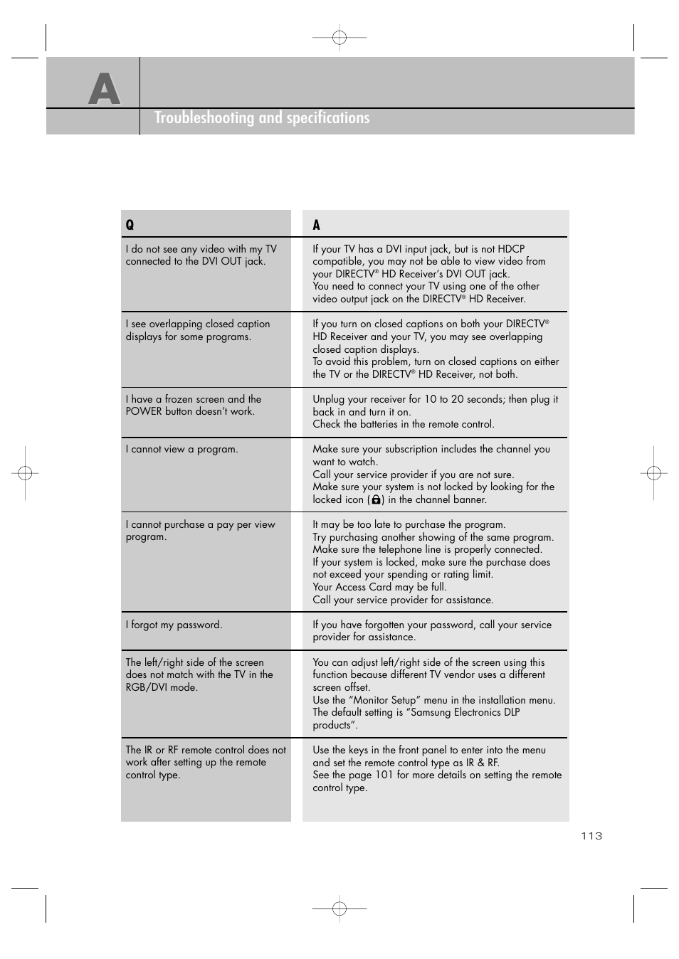 Appendix troubleshooting and specifications | Samsung SIR-TS360 User Manual | Page 113 / 116