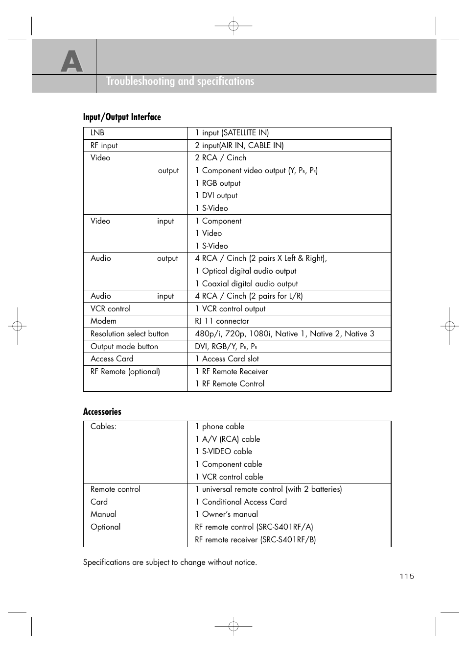 Appendix troubleshooting and specifications | Samsung SIR-TS360 User Manual | Page 115 / 116