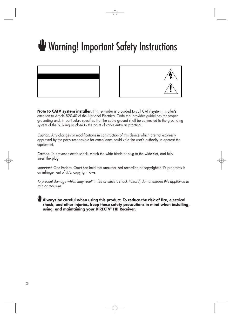 Warning! important safety instructions, Caution | Samsung SIR-TS360 User Manual | Page 2 / 116